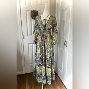 Me 2 Magic Exotic Paisley Deep V-Neck Tassel Tie Tiered Maxi Skirt Boho Dress